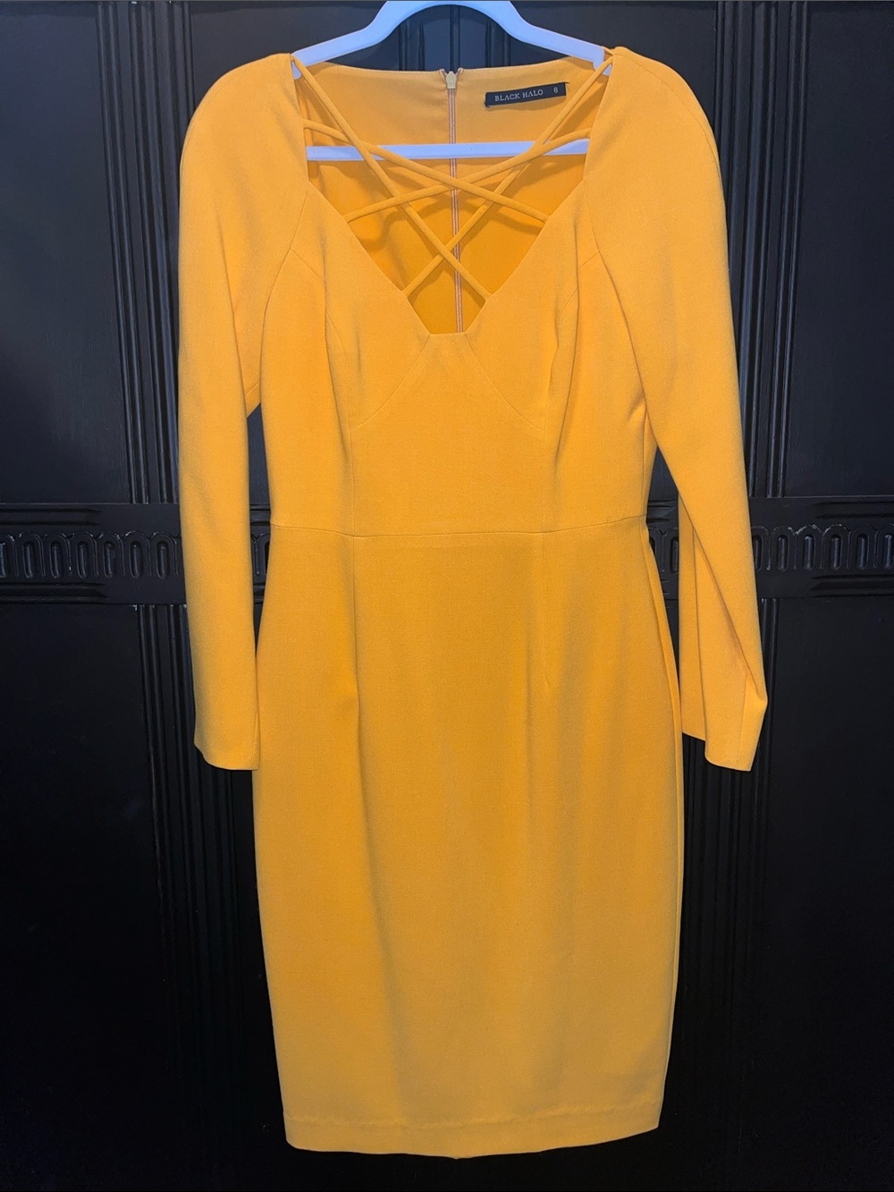 Black Halo Mustard Long-Sleeve Sheath Dress with Strappy V Neck size 8